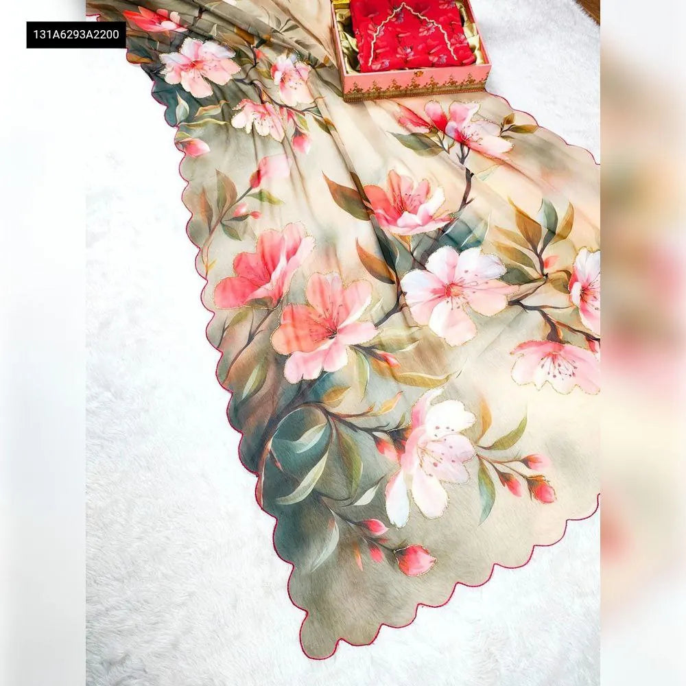 TRENDBUY Blush Floral Georgette Handwork Saree with Digital Print and Scalloped Border