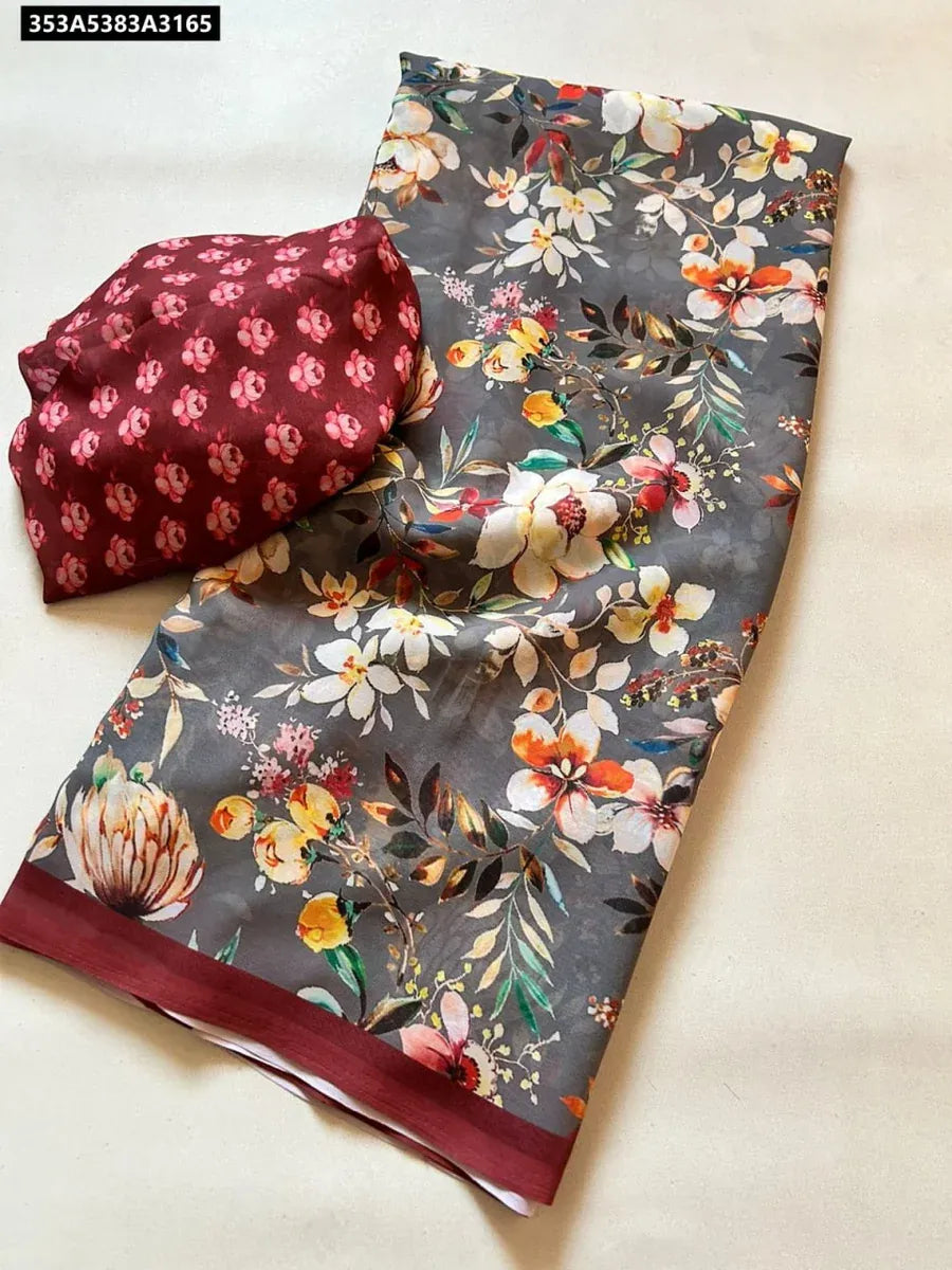 Folded Grey Floral Digital Print Georgette Saree with matching maroon floral blouse piece