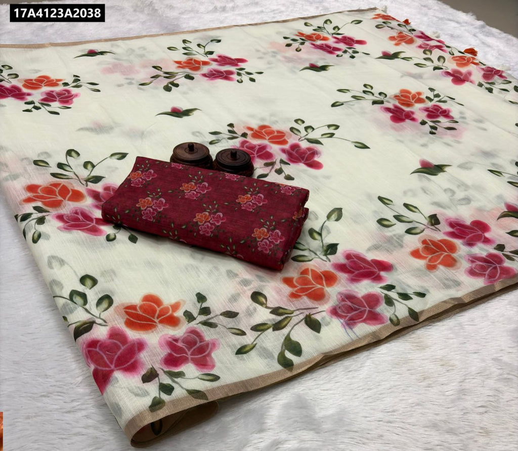 TRENDBUY Coral Floral Digital Print Linen Cotton Saree with matching blouse piece