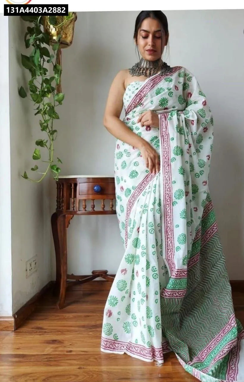 Model wearing TRENDBUY White and Green Digital Print Linen Saree