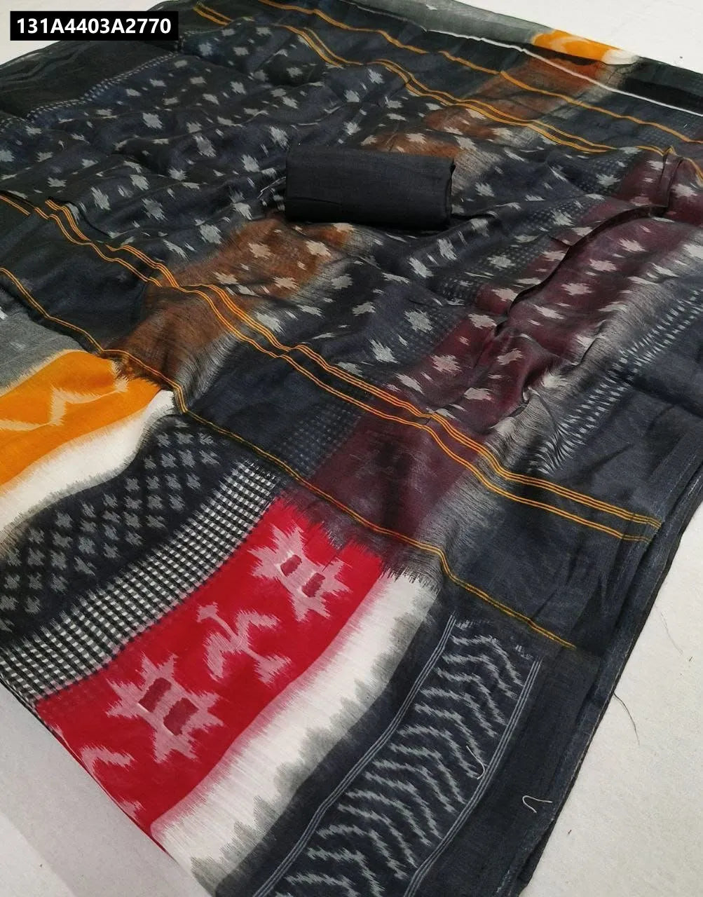 TRENDBUY Digital Print Linen Saree in Multi-Color Black with patterns and matching blouse.
