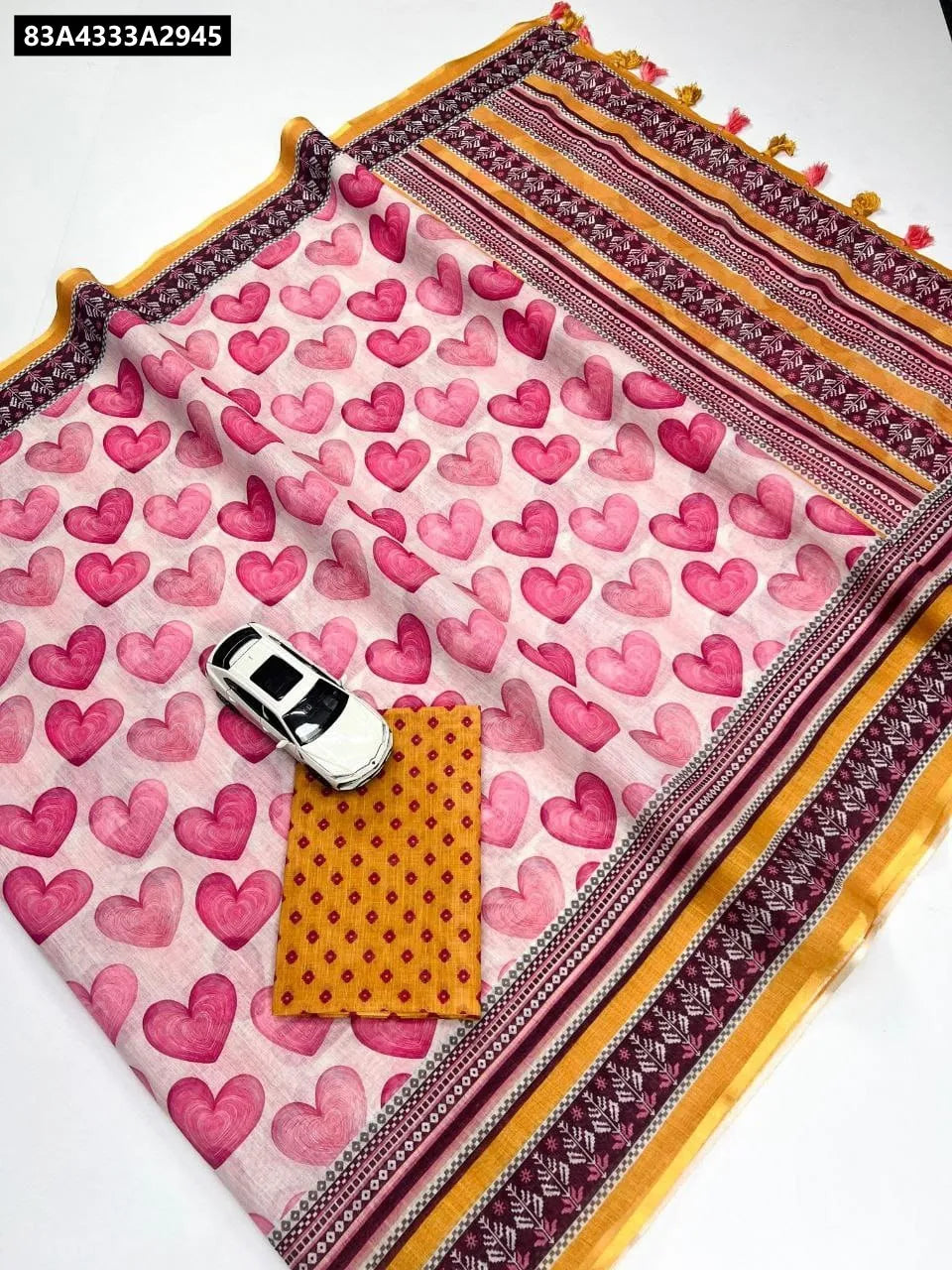 TRENDBUY Pink Heart Print Digital Linen Saree with Fumka detailing and matching blouse fabric