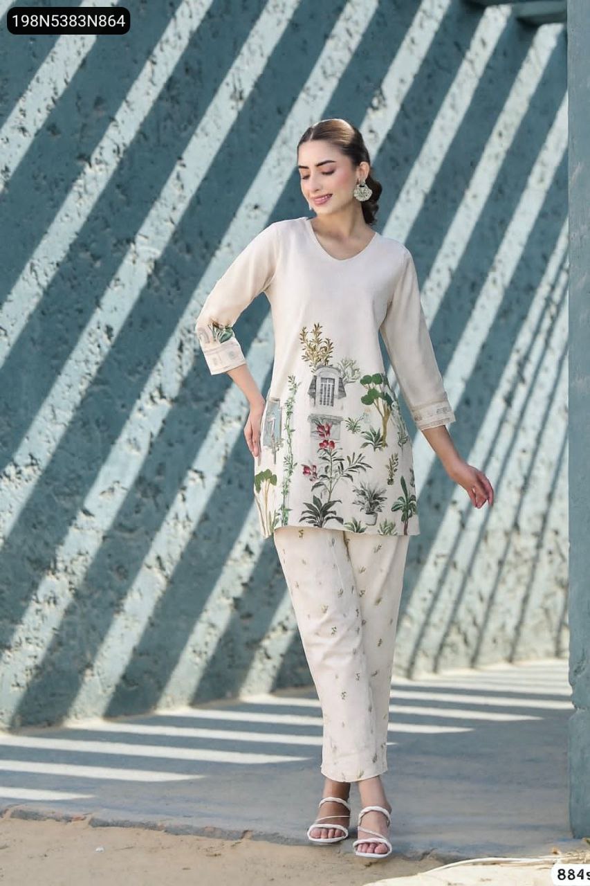 Model wearing cream digital printed Reyon cotton co-ord set, full body, elegant pose