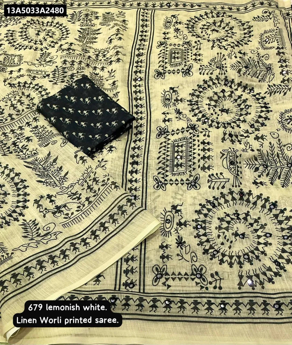 Lemonish White Linen Saree with Warli Print and Blouse