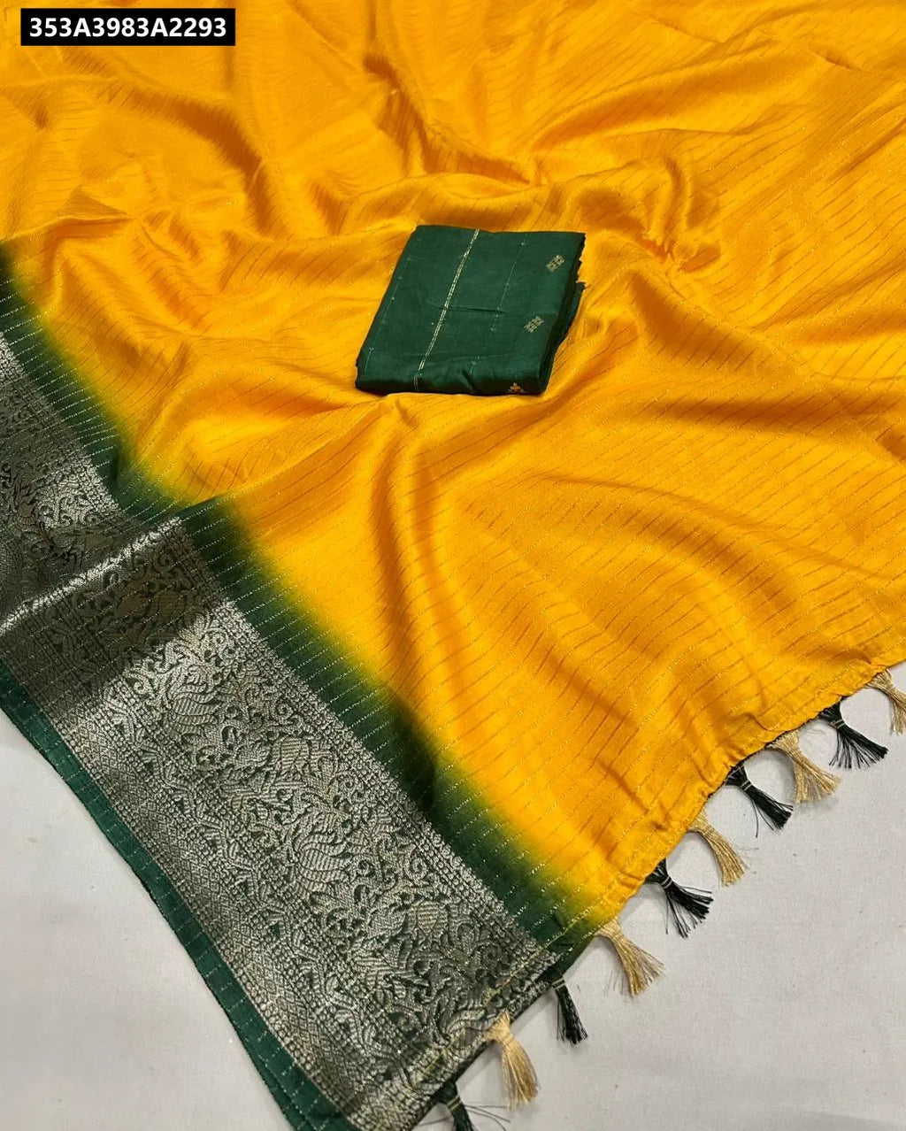 TRENDBUY Yellow and Green Dola Silk Saree with Jacquard border and Viscose blouse