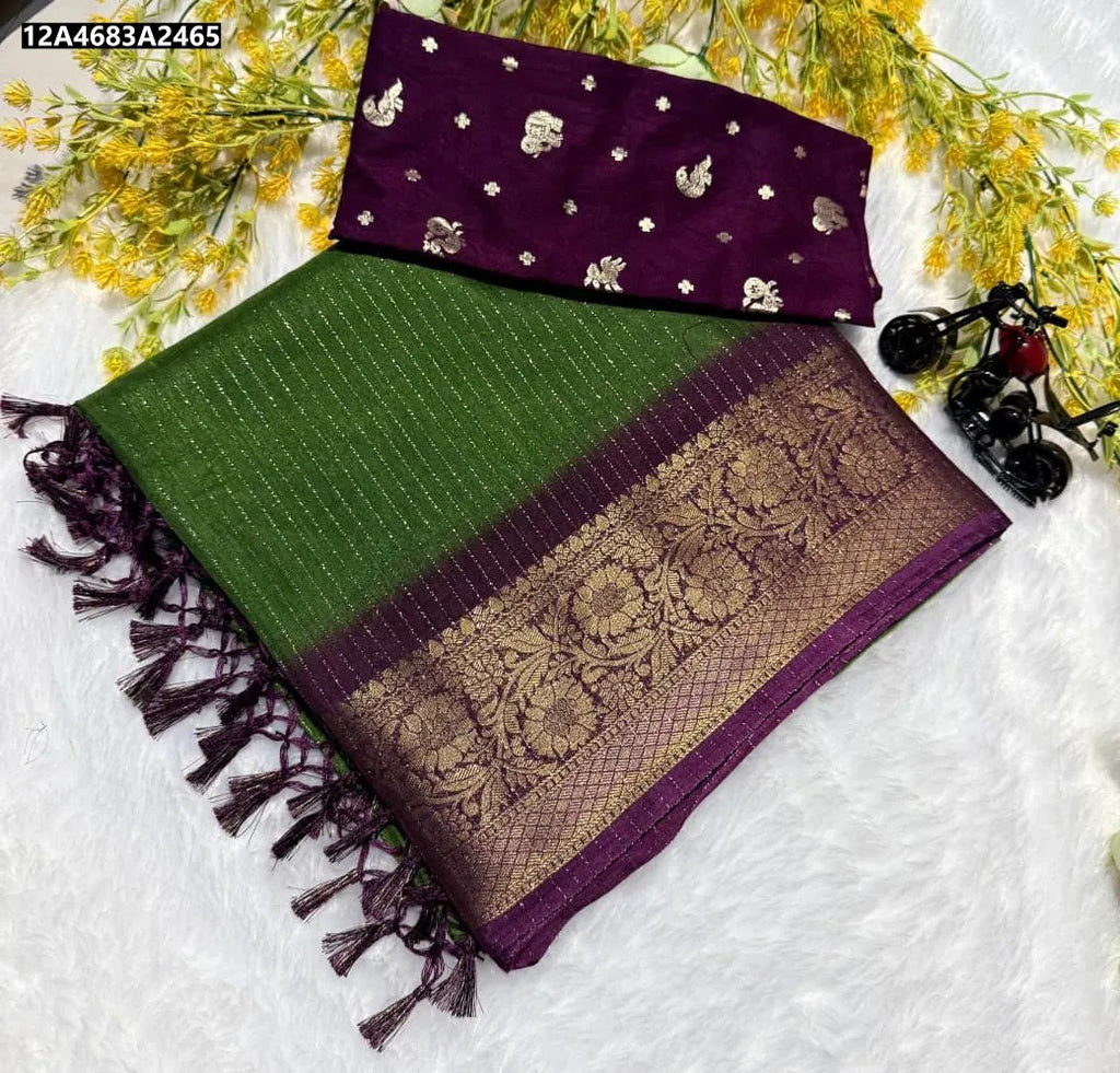 TRENDBUY Green Dola Jari Saree with Purple Border and matching blouse piece, flat lay