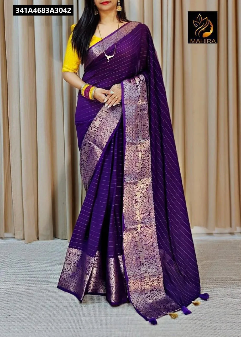 Full body view of model in Regal Purple Dola Rasiyan Saree with zari lines, elephant border, and yellow contrast blouse