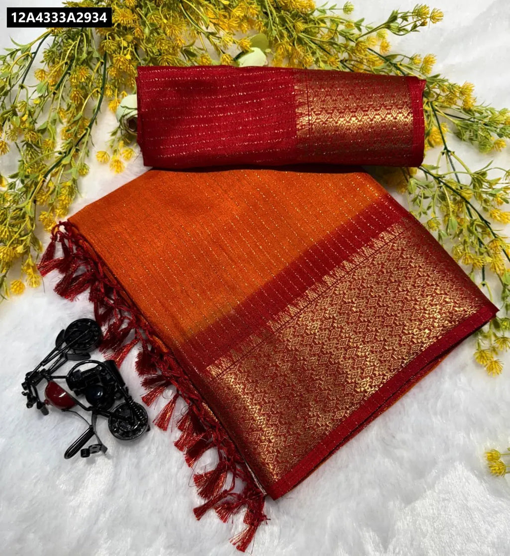 Sunset Orange Dola Recco Jari Saree with red border and blouse piece