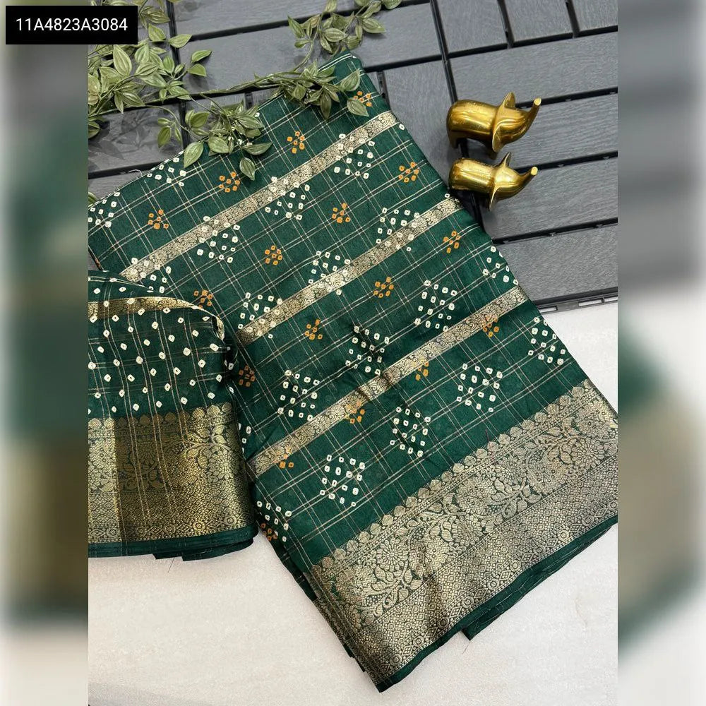 TRENDBUY Dola Silk Bandhani Saree in Forest Green with Kanchi Border and Zari Weaving