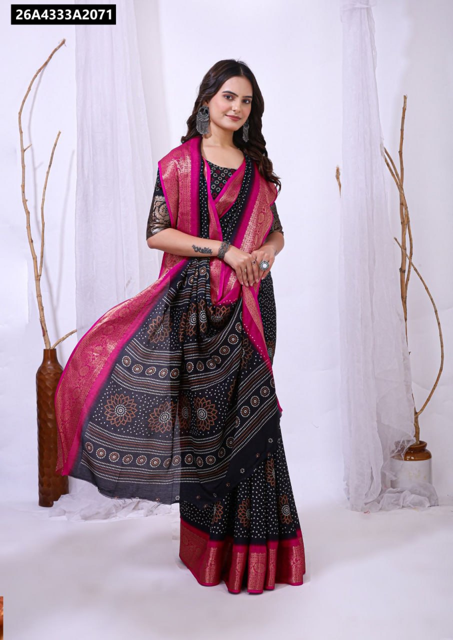 TRENDBUY Black Dola Silk Saree with Bandhani Print and Pink Zari Border, model posing