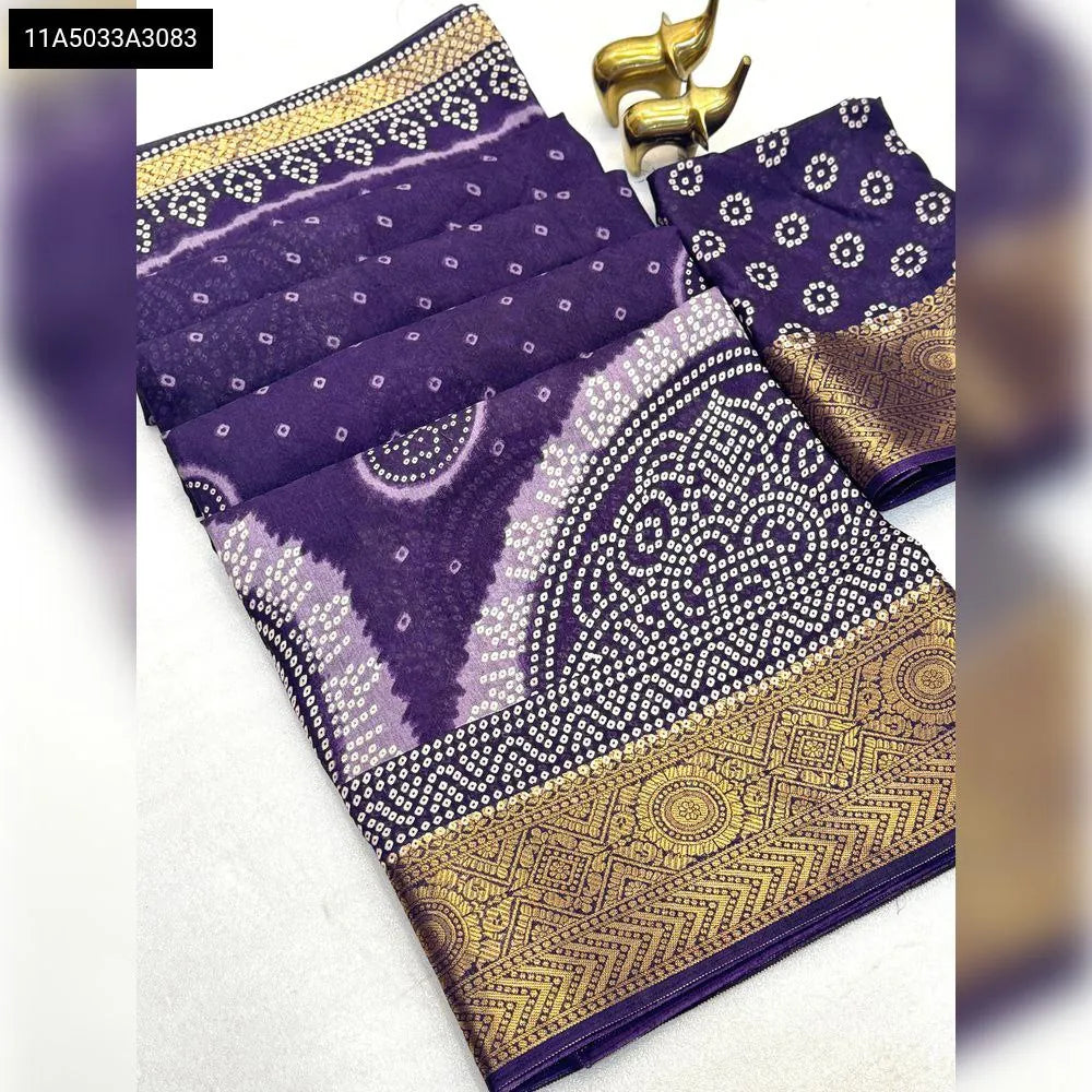 TRENDBUY Deep Purple Dola Silk Bandhani Print Saree with Gold Jacquard Border