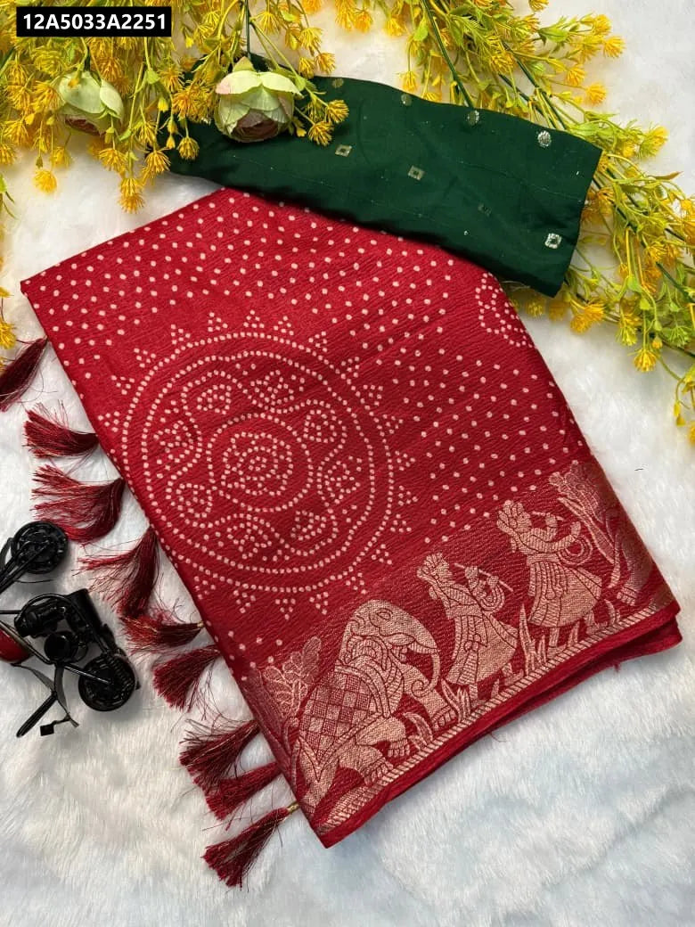 TRENDBUY Red Dola Silk Bandhani Saree with Elephant Motif Border and Green Blouse Piece - Flat Lay