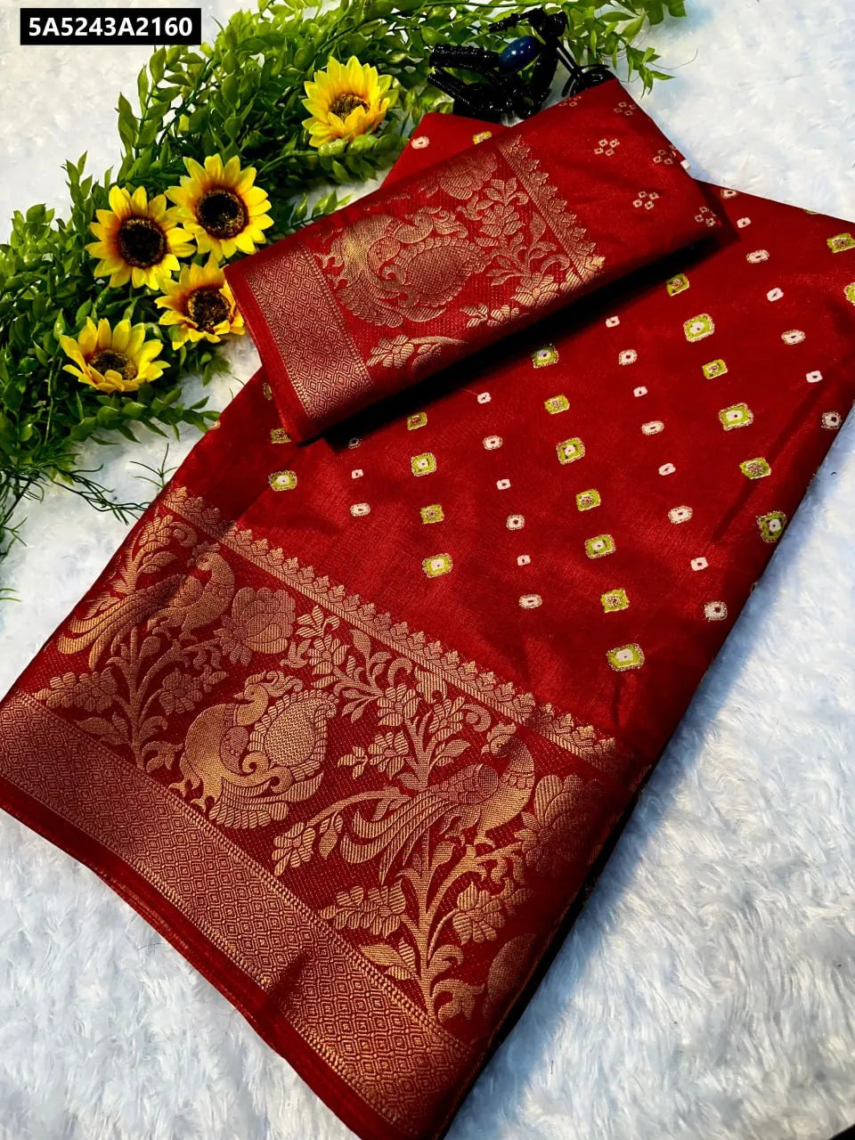 TRENDBUY Red Semi Dola Silk Saree with Bandhani dots and gold zari woven peacock border, flat lay
