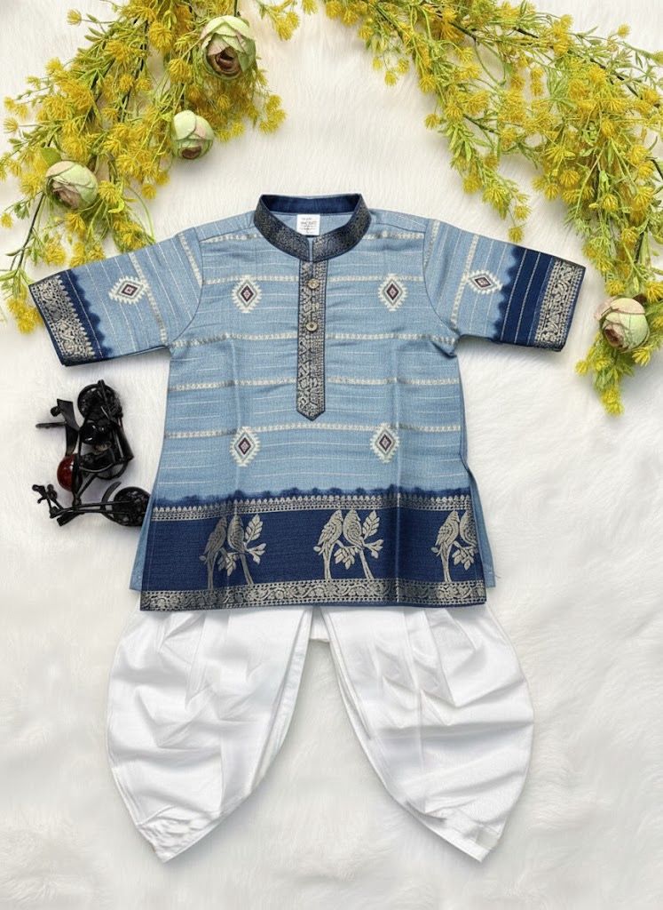 Kids Boys Azure Blue Dola Silk Dhoti Kurta Set with Zari Weaving