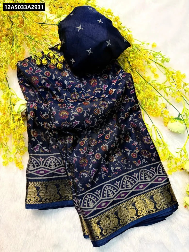 Navy Blue Dola Silk Kalamkari Saree with Zari Border and Blouse