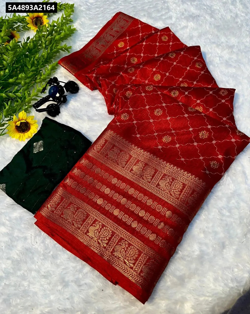 TRENDBUY Soft Dola Silk Saree with Elegant Woven Pallu and Dark Green Blouse Piece - Flat Lay Front View