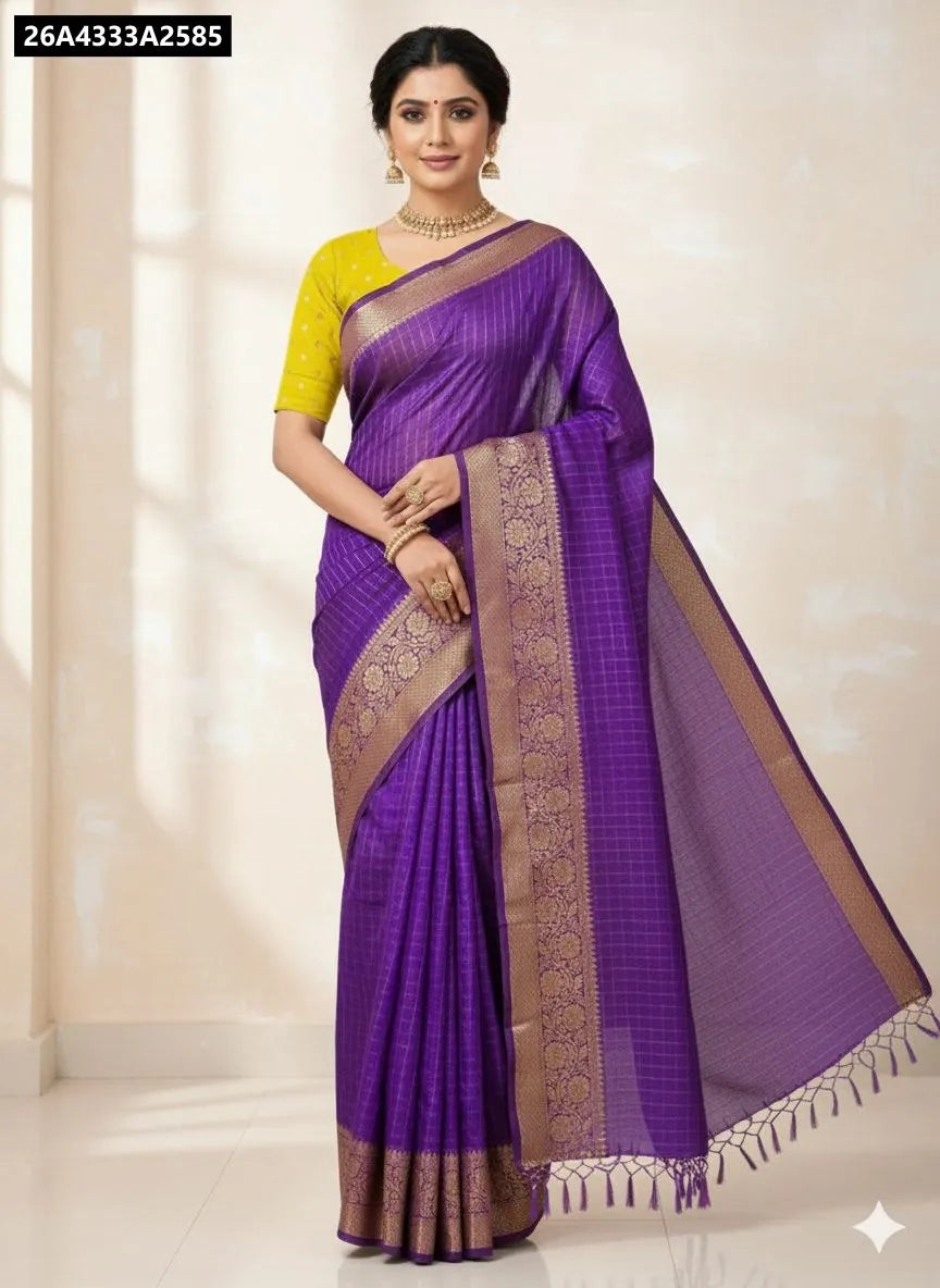 Woman in a gorgeous Purple Dola Silk Saree with Kanjivaram Zari Border and yellow blouse, front view.