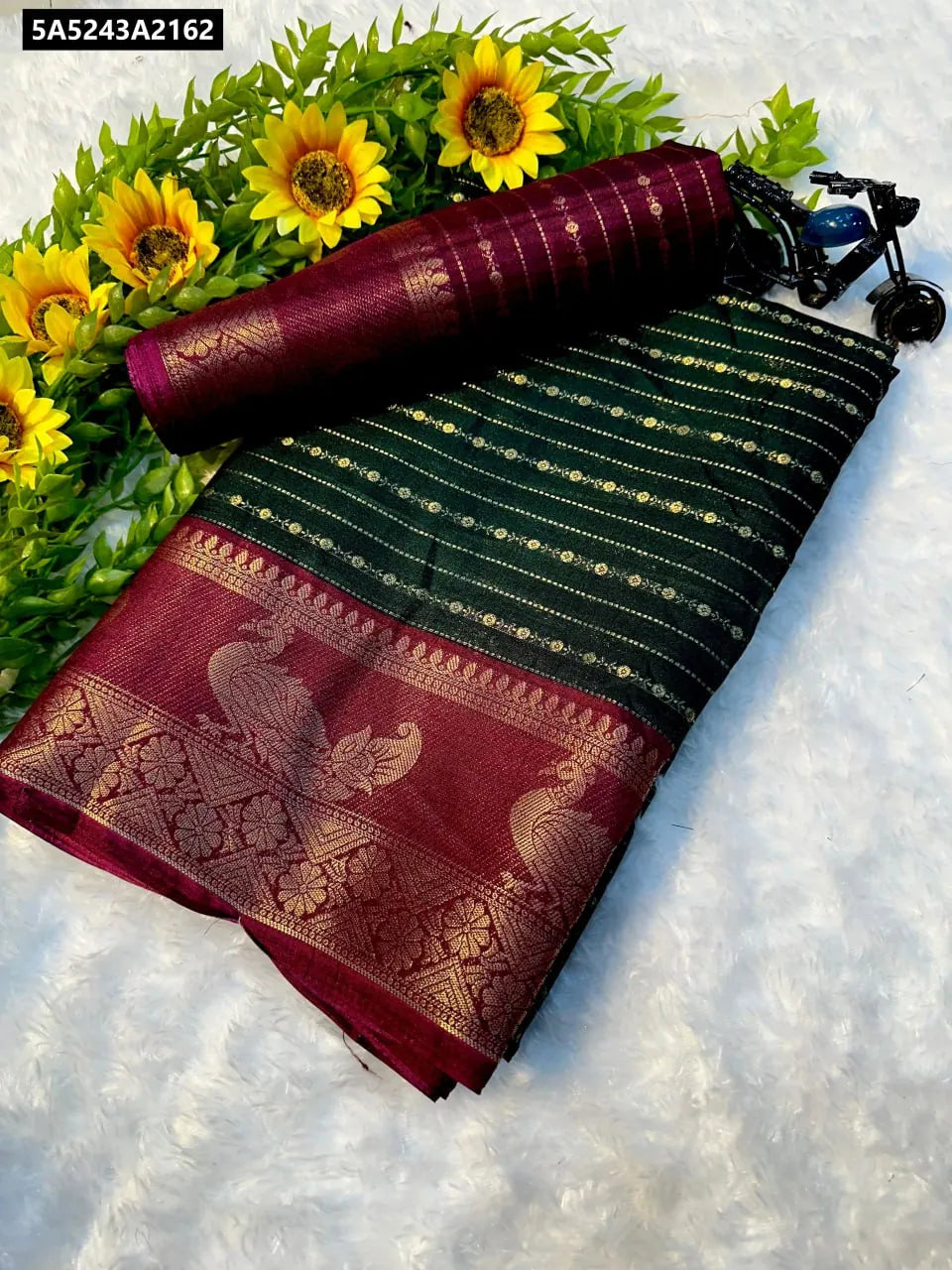 Emerald Green Dola Silk Saree with Woven Maroon Border and Blouse Piece by TRENDBUY