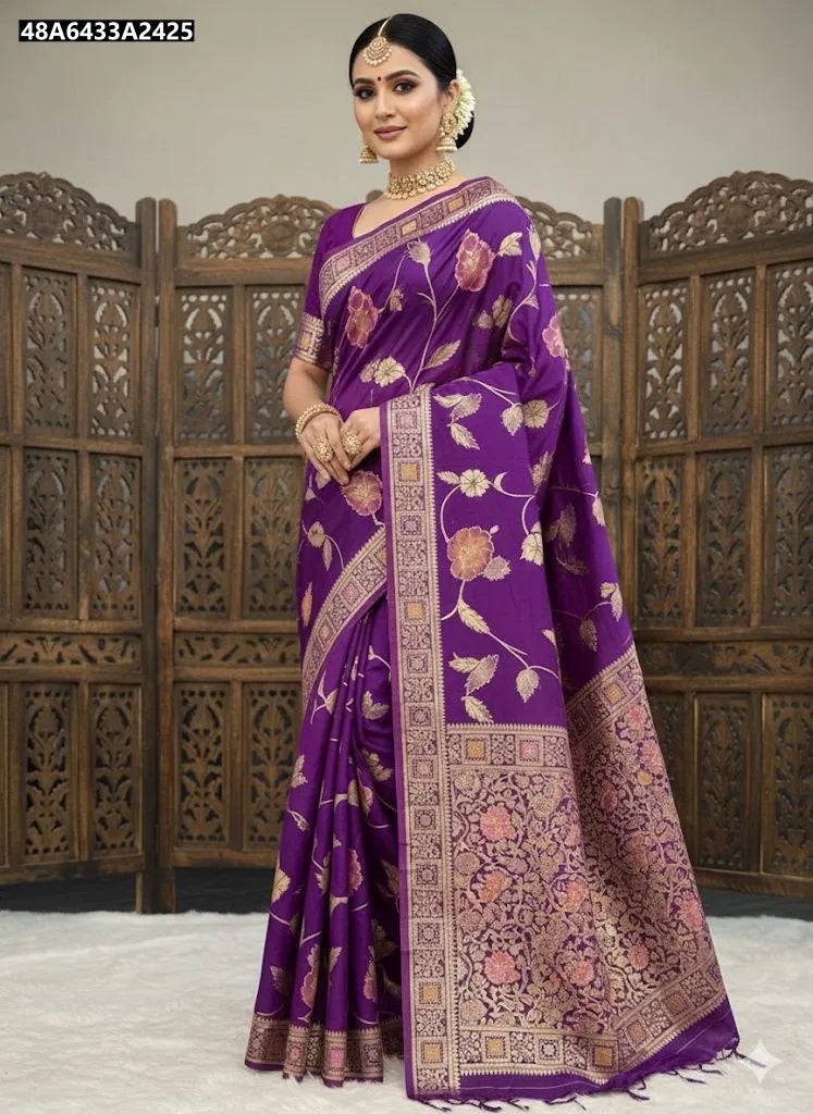 Full-length model shot of a woman in a Lavender Purple Pure Soft Dola Silk Saree with intricate Zari and Meenakari weaving, front-facing, showcasing the rich pallu and border.