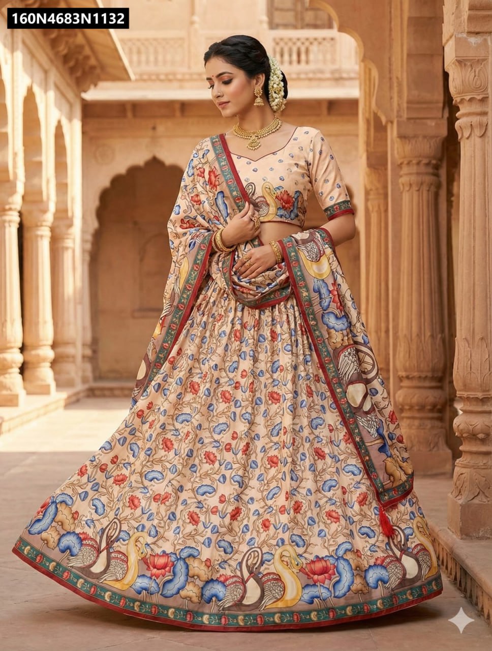 Model showcasing a stunning Beige Multi-Print Dolla Silk Lehenga Choli with rich mill print and foil accents from TRENDBUY.