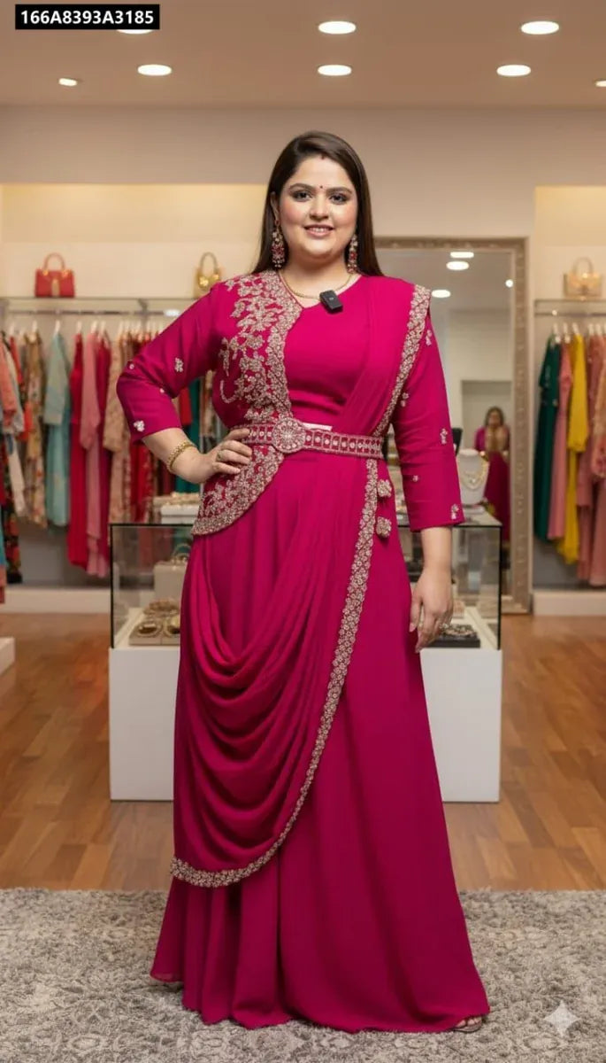 TRENDBUY Ready-to-Wear Drape Lehenga Saree in Rani Pink with embroidered jacket and belt on model.