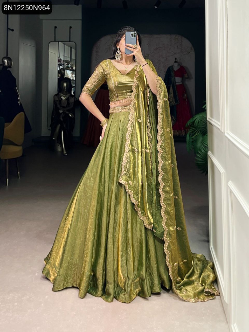 TRENDBUY Olive Green Fendi Lehenga Choli with Sequin Embroidery - Full Body Front View Model
