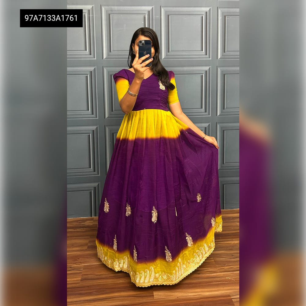 Full view of Women's Dual Shade Crush Fabric Gown in Amethyst Sunset (Purple and Yellow) for Party Wear