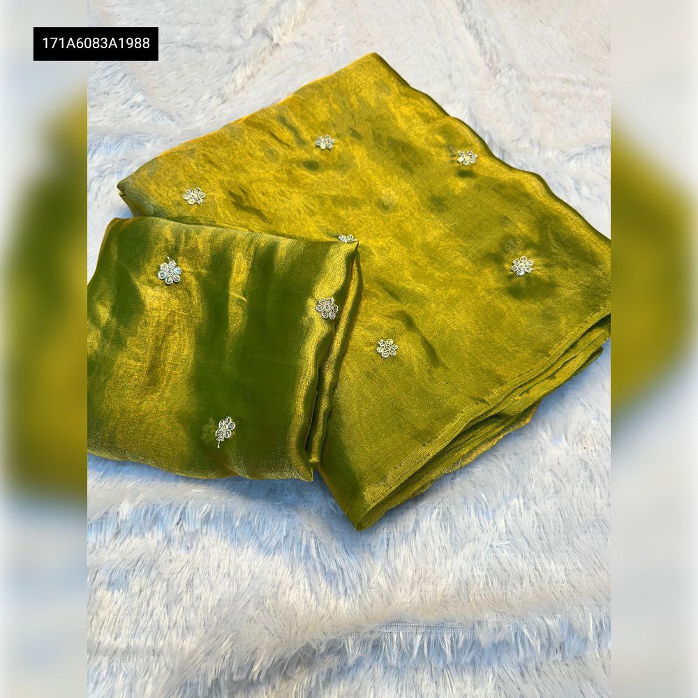 TRENDBUY Dual Shaded Satin Blend Saree in Green with Zari Sequence Flower Butti and Unstitched Contrast Blouse