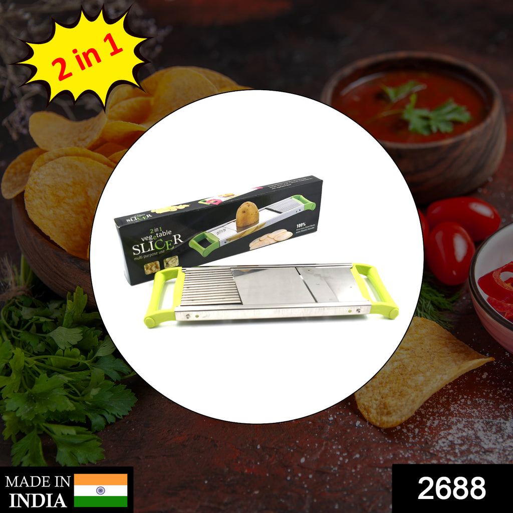 White and green 2-in-1 potato slicer cutting a potato into fries, showing interchangeable blades for household kitchen use.