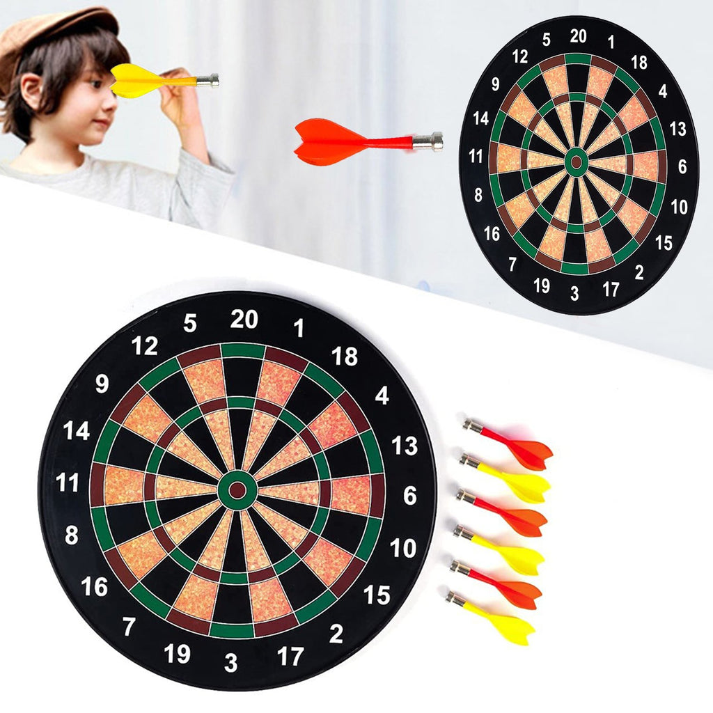 Close-up of yellow and red magnetic darts sticking to the target board