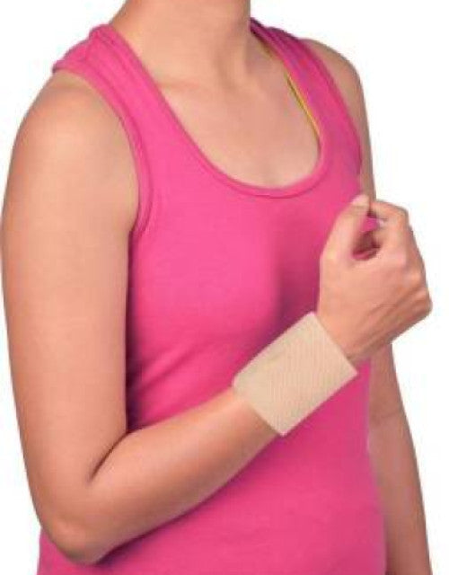 Person wearing black elastic wrist binder with double lock straps for support.