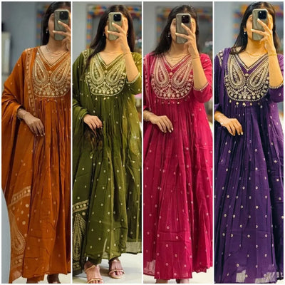 Elegant 3 Pcs Cotton Kurti Set - Embroidered Yoke & Malmal Dupatta for Women