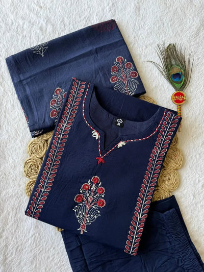 Elegant A-Line Kurti Pant Dupatta Set - Hand Block Print & Mirror Work