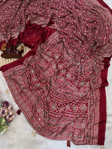 Elegant Ajarakh Print Saree - Real Mirror & Zari Work for Women