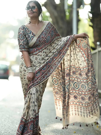 Elegant Ajrakh Modal Silk Saree - Real Mirror Work for Women
