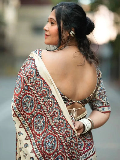 Elegant Ajrakh Modal Silk Saree - Real Mirror Work for Women