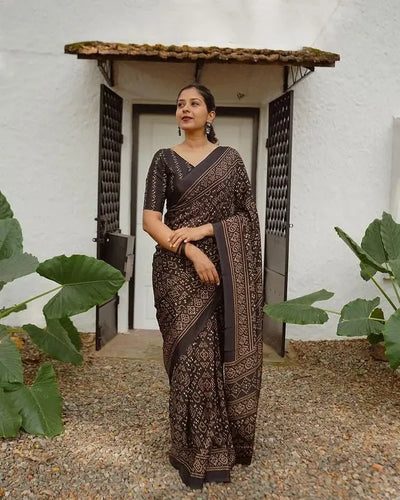Elegant Ajrakh Print Linen Cotton Saree - Breathable Festive & Office Wear for Women