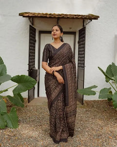 Elegant Ajrakh Print Linen Cotton Saree - Breathable Festive & Office Wear for Women
