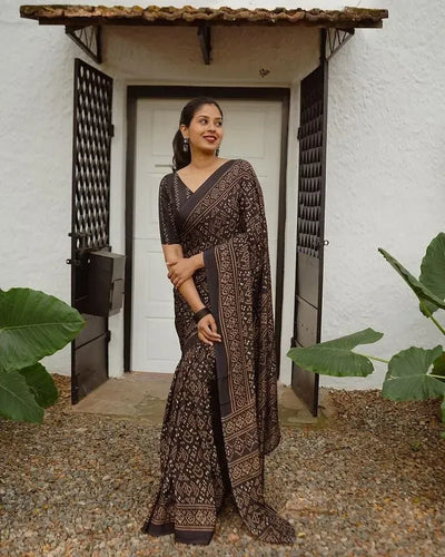 Elegant Ajrakh Print Linen Cotton Saree - Breathable Festive & Office Wear for Women