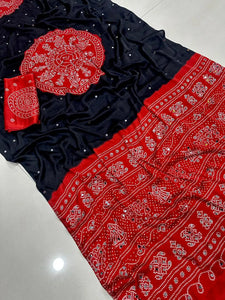 Elegant Ajrakh Print Satin Crepe Silk Saree with Real Mirror Work - Festive Wear for Women