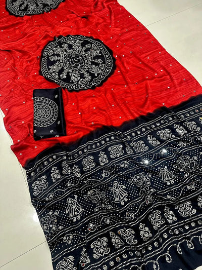 Elegant Ajrakh Print Satin Crepe Silk Saree with Real Mirror Work - Festive Wear for Women