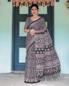 Elegant Ajrakh Printed Linen Cotton Saree with Breathable Drape for Festive Wear