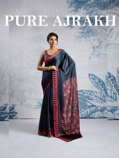 Elegant Ajrakh Satin Saree - Soft & Breathable for Festive Wear