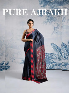Elegant Ajrakh Satin Saree - Soft & Breathable for Festive Wear