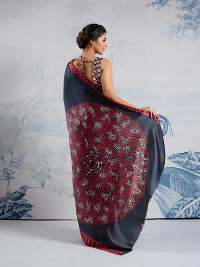 Elegant Ajrakh Satin Saree - Soft & Breathable for Festive Wear