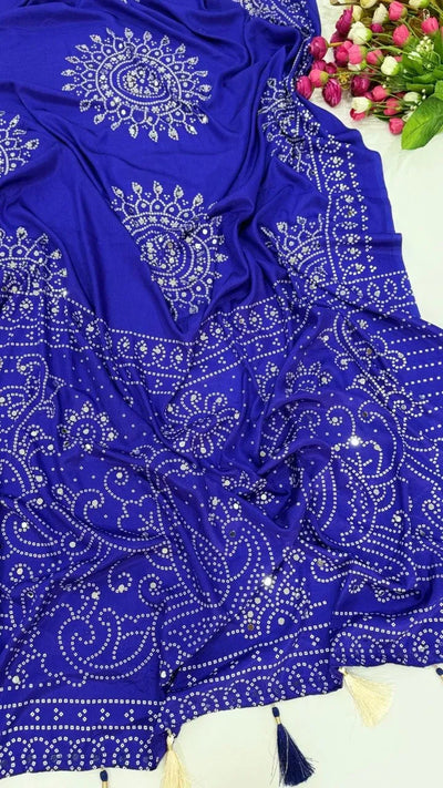 Elegant Ajrakh Satin Saree - Zari Mirror Work for Festive Wear