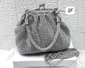 Premium American Diamond Flower Sling Bag - Handcrafted Leather Party Clutch in Gold and Silver