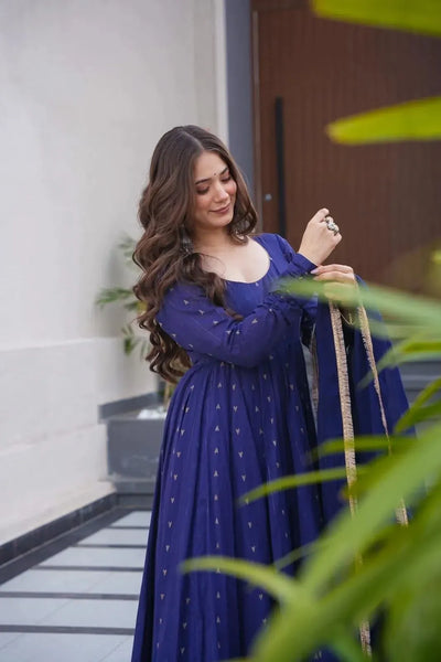Elegant Anarkali Dress for Women - Soft Chex Printed Gown with Dupatta and Plazo Pant Set for Festive Prep