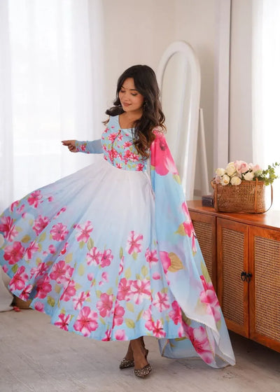 Elegant Anarkali Gown Set - Pure Organza Silk Floral Print Festive Wear for Women