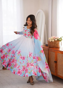 Elegant Anarkali Gown Set - Pure Organza Silk Floral Print Festive Wear for Women